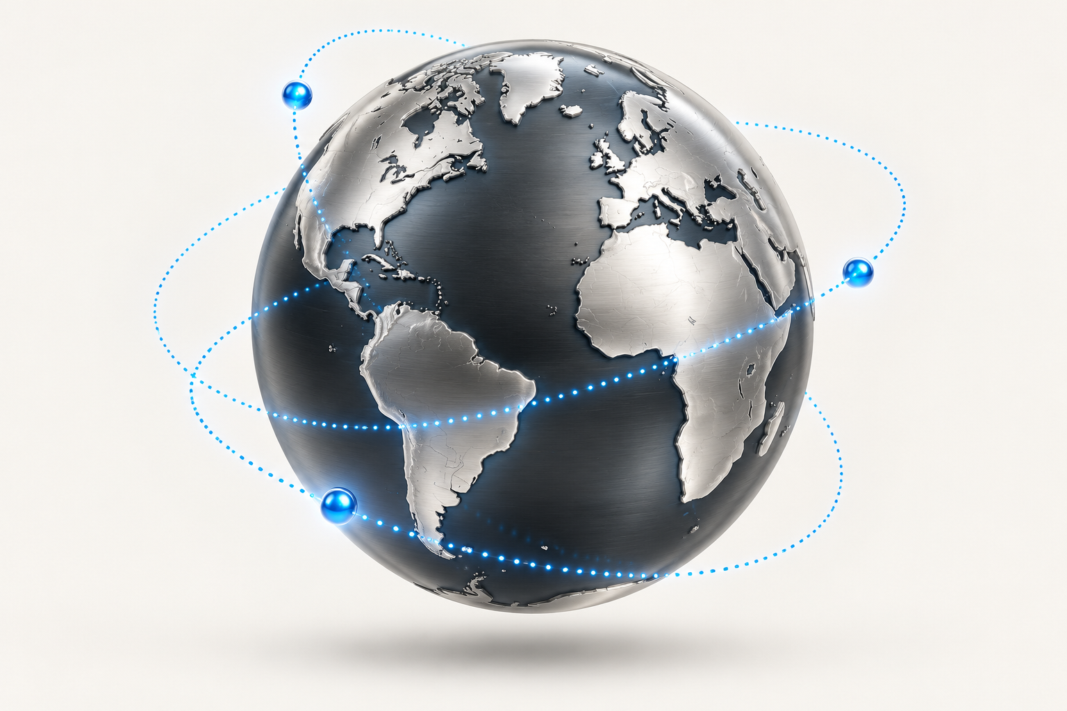 Silver globe connected by blue orbital payment paths